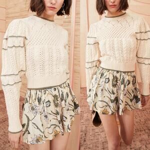Ulla Johnson Top Sweater‎ Joleigh Cable Knit Ivory Green Chunky Puff Sleeve S